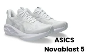 ASICS Novablast 5 running shoe side view on a white background showcasing its sleek design and vibrant colors.