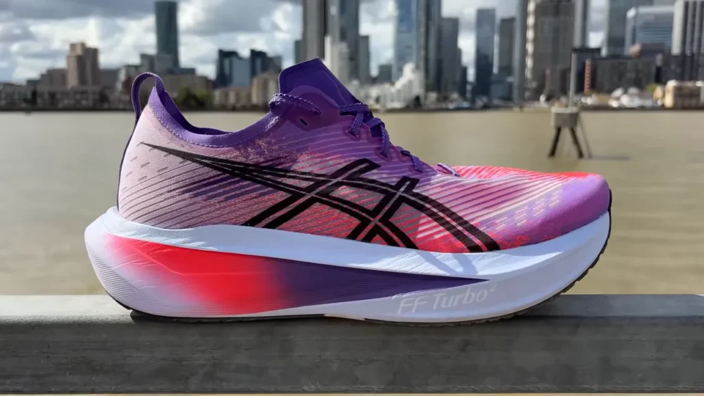 Asics Megablast running shoes in action, showcasing the shoes design and features.