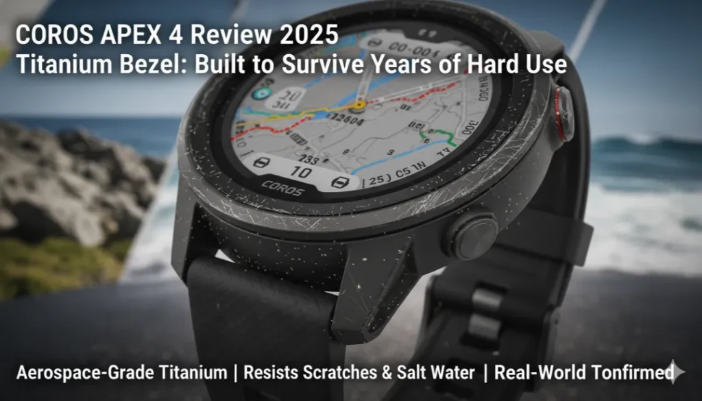 COROS APEX 4 Titanium Bezel can withstand hard use COROS APEX 4 watch with titanium bezel, built for rugged use and durability, featured in Gear Up to Fit review.