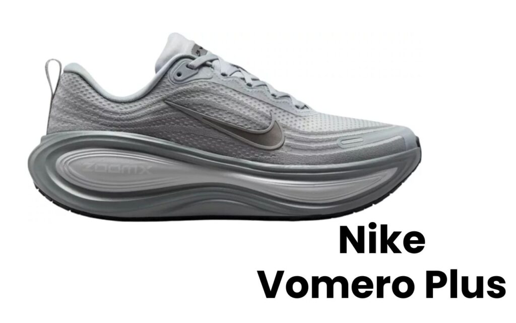 Nike Vomero Plus running shoe side view with vibrant colors and sleek design.