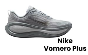 Nike Vomero Plus running shoe side view with vibrant colors and sleek design.