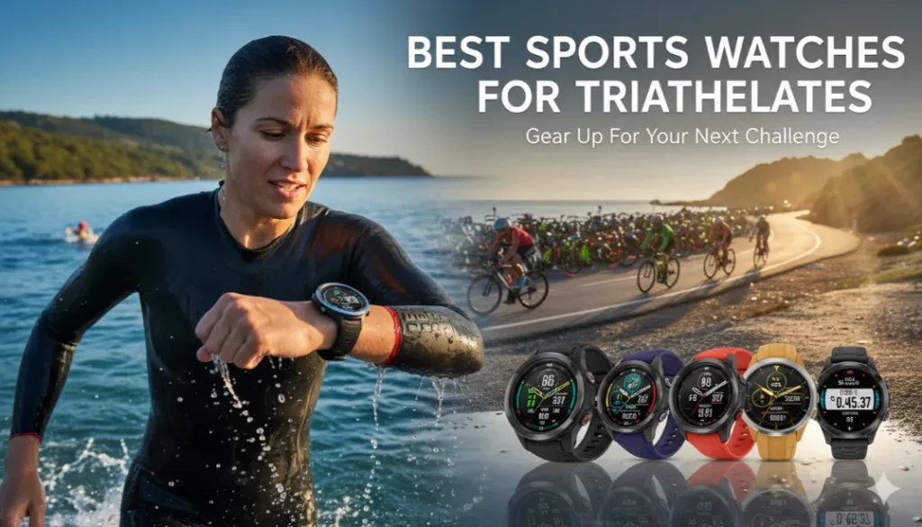 Best sports watches for triathletes in 2025 on a fitness background.