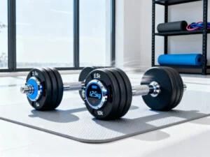Adjustable dumbbells set for home gym workouts on a fitness mat.