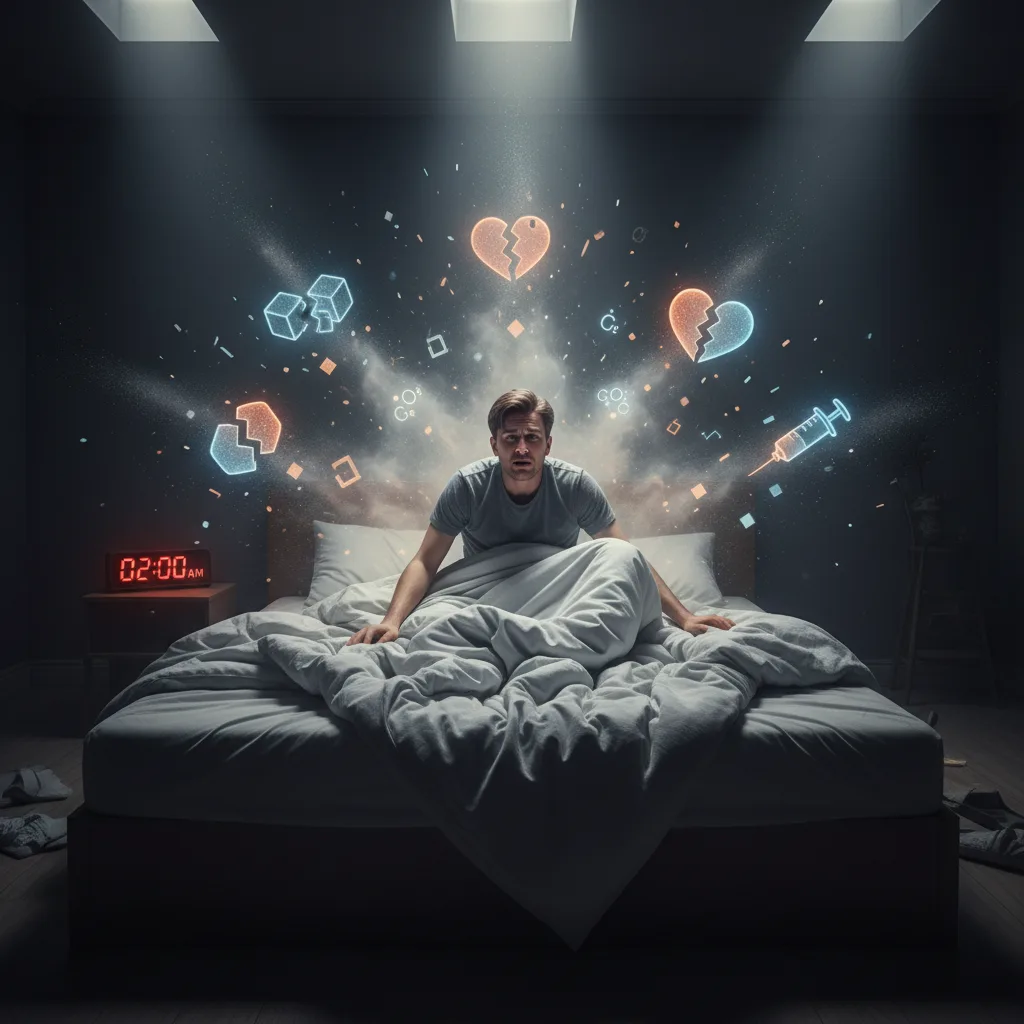 Person tossing and turning in bed, clock showing 2AM, diabetes risk icons exploding, dramatic lighting Person tossing and turning in bed, clock showing 2AM, diabetes risk icons exploding, dramatic lighting