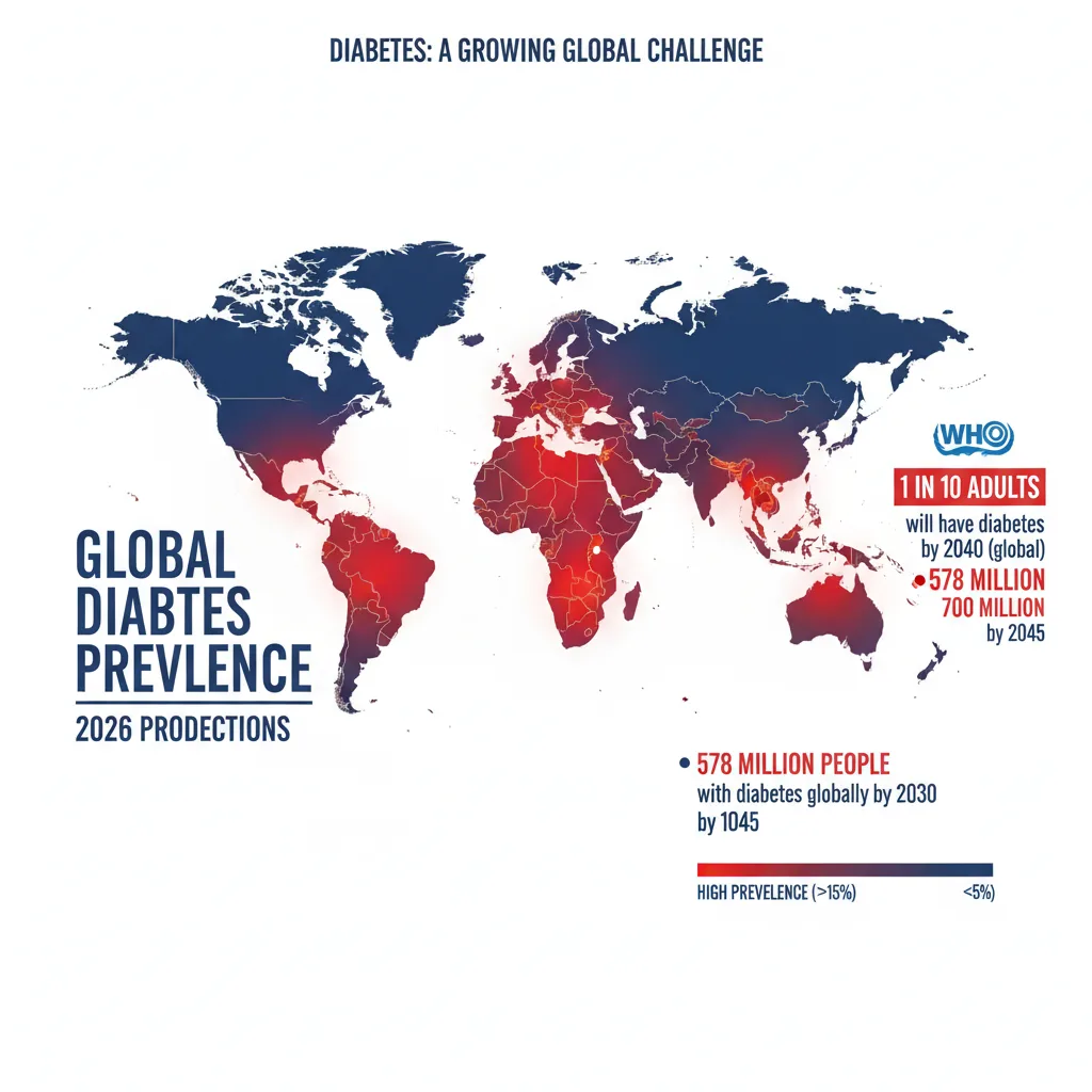 Infographic of global diabetes prevalence map with 2026 projections, red hotspots, WHO stats, high-contrast bold design Infographic of global diabetes prevalence map with 2026 projections, red hotspots, WHO stats, high-contrast bold design