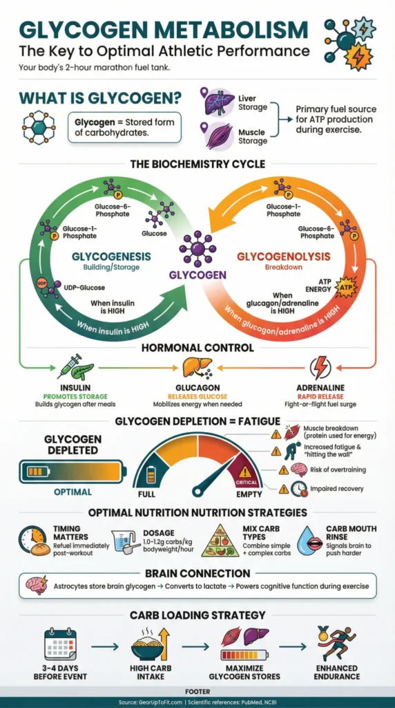 Glycogen metabolism infographic showing energy storage and usage in the body.