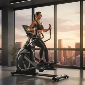 A person performing a full-body workout on an Octane Fitness XR6x seated elliptical with a New York City skyline background.