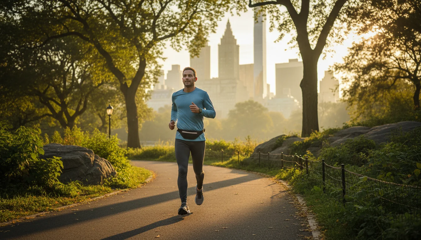 A runner jogging through Central Park at sunrise showing outdoor fitness