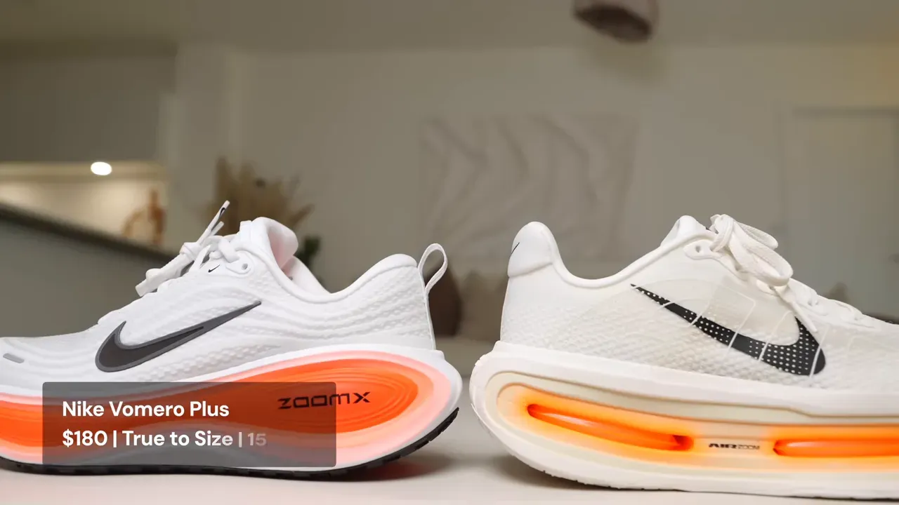 Two Nike Vomero Plus shoes, white with orange soles, side-by-side for comfort testing.