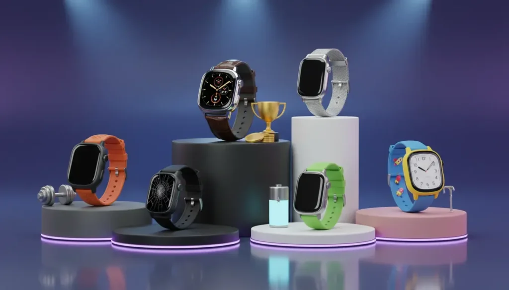 Six smartwatches displayed on pedestals, each with unique features. Orange, black, brown, silver, green, and blue bands. One watch has cracked screen. Gym dumbbell, battery, and trophy visible. Blue background with spotlights.