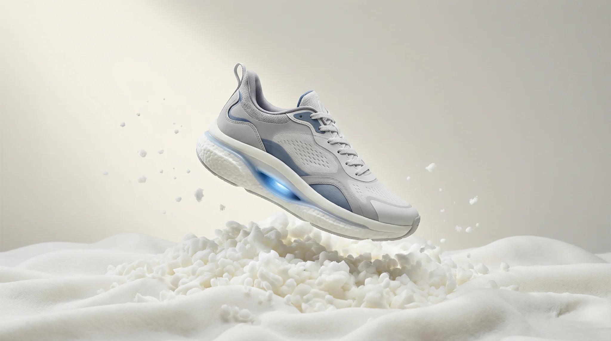 White running shoe with blue accents suspended above fluffy white material, showcasing comfort and cushioning