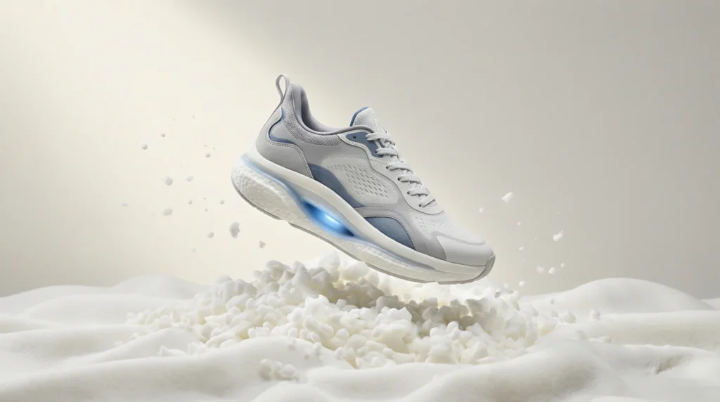 White running shoe with blue accents suspended above fluffy white material, showcasing comfort and cushioning