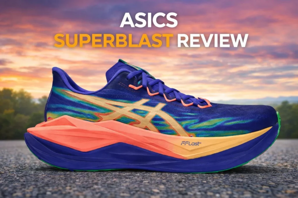Vibrant Asics Superblast 3 running shoe in blue, orange, and green on a road with a sunset backdrop, featuring the Asics logo and FF Blast midsole.
