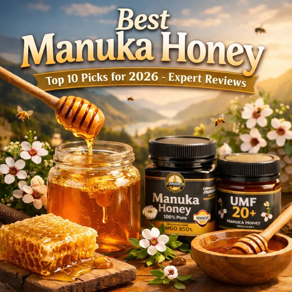 Jar of Manuka honey being poured, UMF 20+ jar, wooden bowl with honey dipper, honeycomb on wooden board, white flowers, scenic mountain backdrop with bees