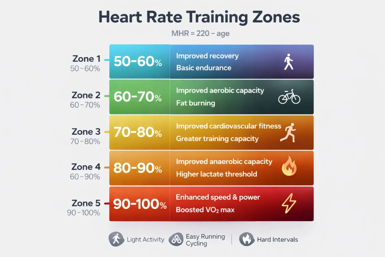 Color-coded heart rate training zones (50-100%) with benefits, activities, and MHR formula. Includes walking, cycling, running icons and zone-specific goals.