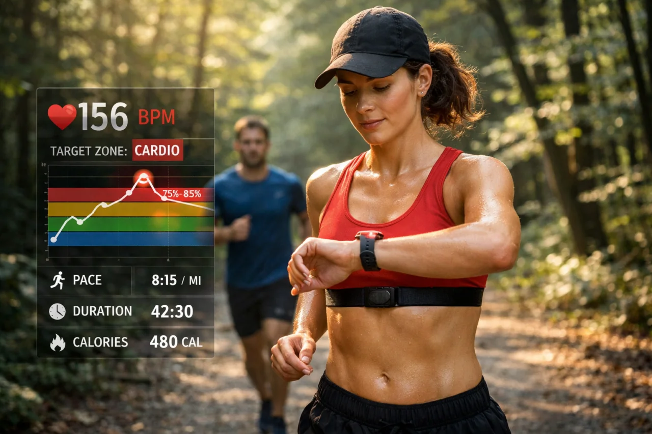 Woman in red sports bra and black cap running on forest trail, checking smartwatch, man in blue shirt behind her, stats overlay showing heart rate, pace, durati
