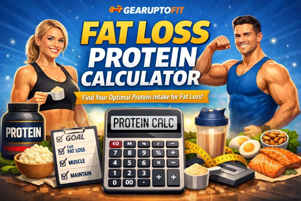 GearUpToFit fat loss protein calculator visual with protein foods and a calculator
