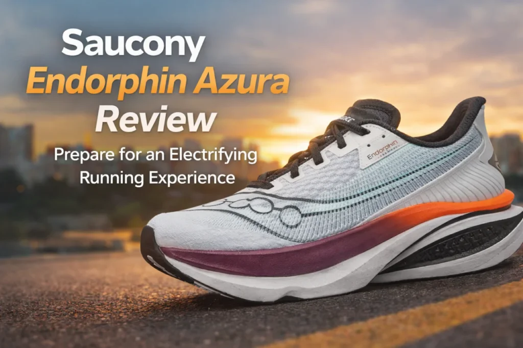 Close-up shot of a Saucony Endorphin Azura running shoe, showcasing its vibrant blue and gray color scheme, white midsole, and reflective accents. The shoe is p