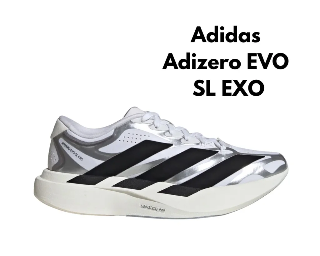 Side view of Adidas Adizero EVO SL EXO running shoe in silver and black. The shoe features a sleek, low-profile design with three black stripes and a white sole