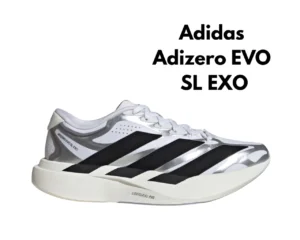 Side view of Adidas Adizero EVO SL EXO running shoe in silver and black. The shoe features a sleek, low-profile design with three black stripes and a white sole