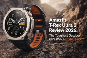 Amazfit T-Rex Ultra 2 outdoor GPS watch on rugged rocky terrain with black and orange strap, digital display showing time, date, and metrics