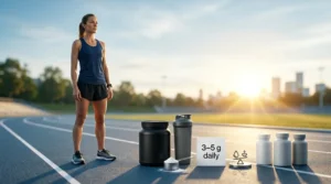 A female runner in athletic wear stands on a track with creatine containers, a shaker bottle, and a '3-5g daily' sign, against a sunset city skyline