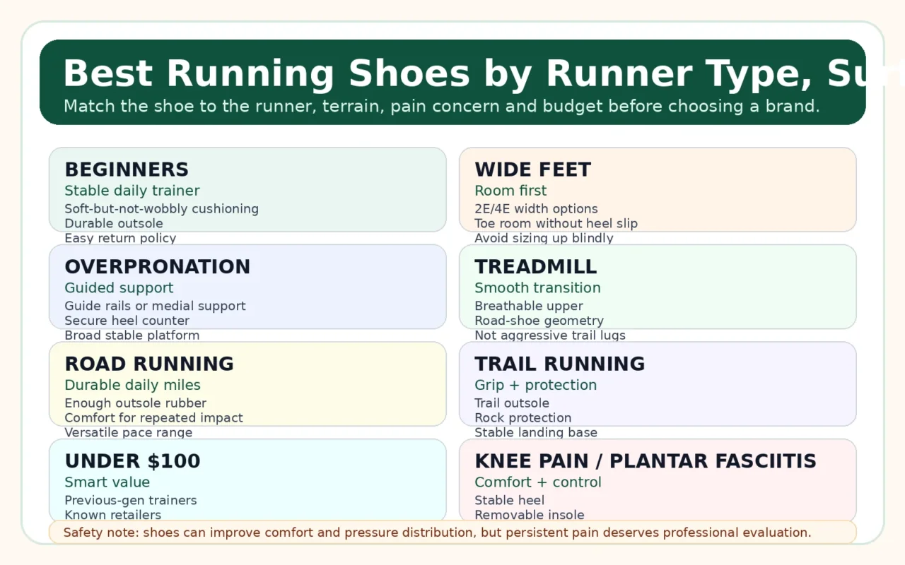 Infographic comparing running shoes by beginner needs, wide feet, overpronation, treadmill running, road running, trail running, budget and knee pain