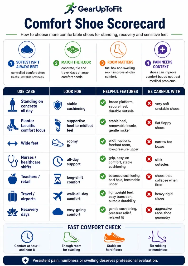 Comfort shoe scorecard for standing on concrete, plantar fasciitis, wide feet, nurses, teachers, travel and recovery