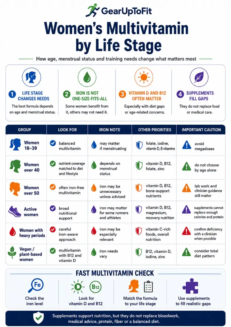 Women’s multivitamin life-stage guide comparing over 40, over 50, iron-free formulas, active women, heavy periods, vitamin D and B12