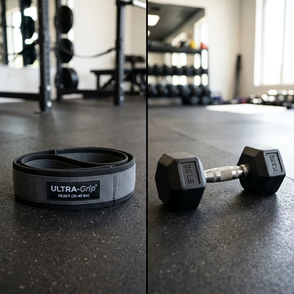 Side-by-side comparison of a heavy loop resistance band and a rubber hex dumbbell on a gym floor