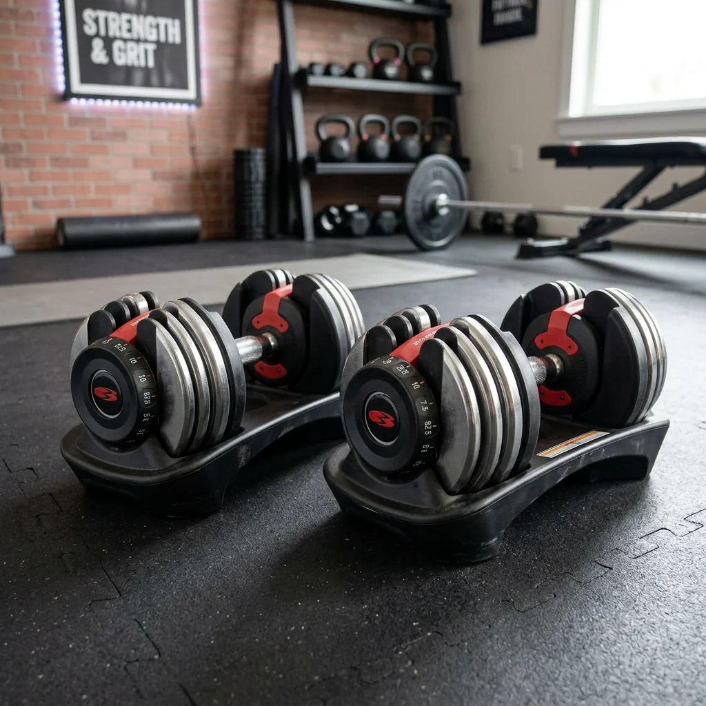 Bowflex SelectTech 552 adjustable dumbbells resting in their black storage trays on a gym floor showing weight dials