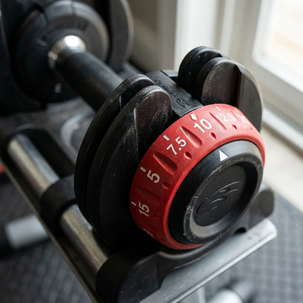 Close up of the red dial selection dial on a Bowflex SelectTech 552 adjustable dumbbell displaying weight markings
