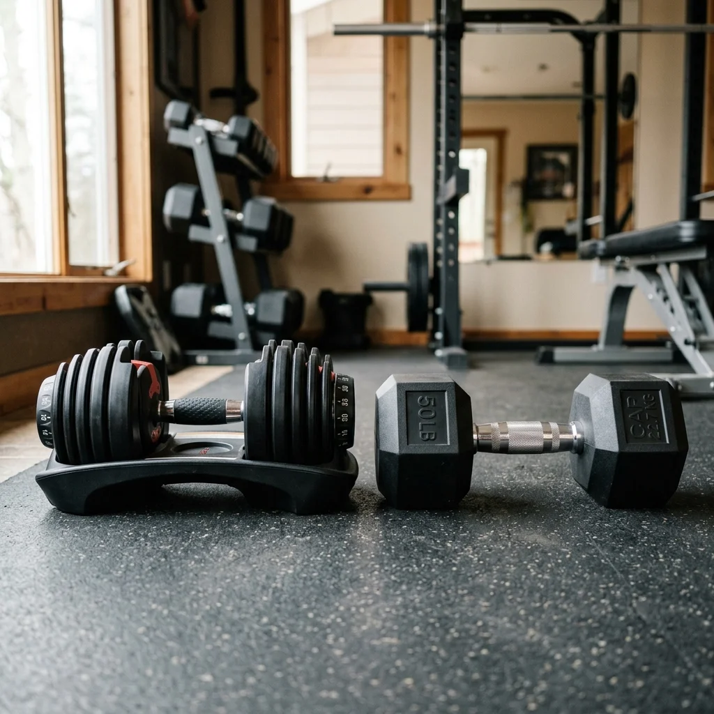 Bowflex SelectTech 552 dumbbell compared to a standard metal hex dumbbell side by side on a rubber mat
