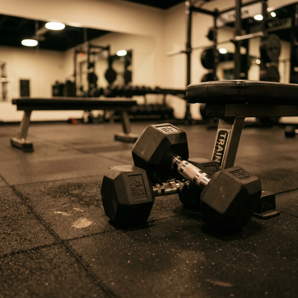 A pair of heavy rubber-encased hexagonal dumbbells with chrome knurled handles resting on a gym floor