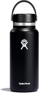 Water Bottle - Insulated Stainless Steel - Wide Mouth Flex Lid, Non Spill, Leakproof and Refillable in 32 Oz Black