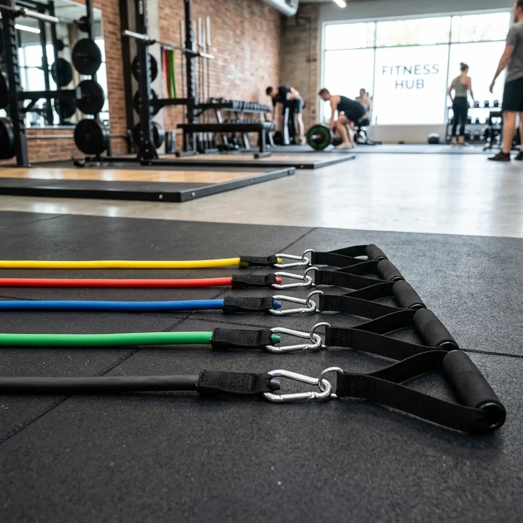 A premium set of colorful latex tube resistance bands with padded handles and steel carabiners