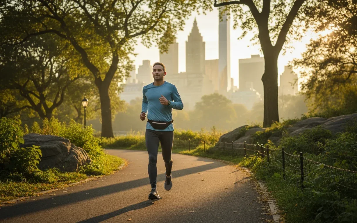 Runner on a park path at golden hour with a city skyline behind
