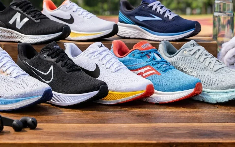 Lineup of 2026 daily running trainers from New Balance, Nike, Brooks, Saucony and HOKA on a wooden bench