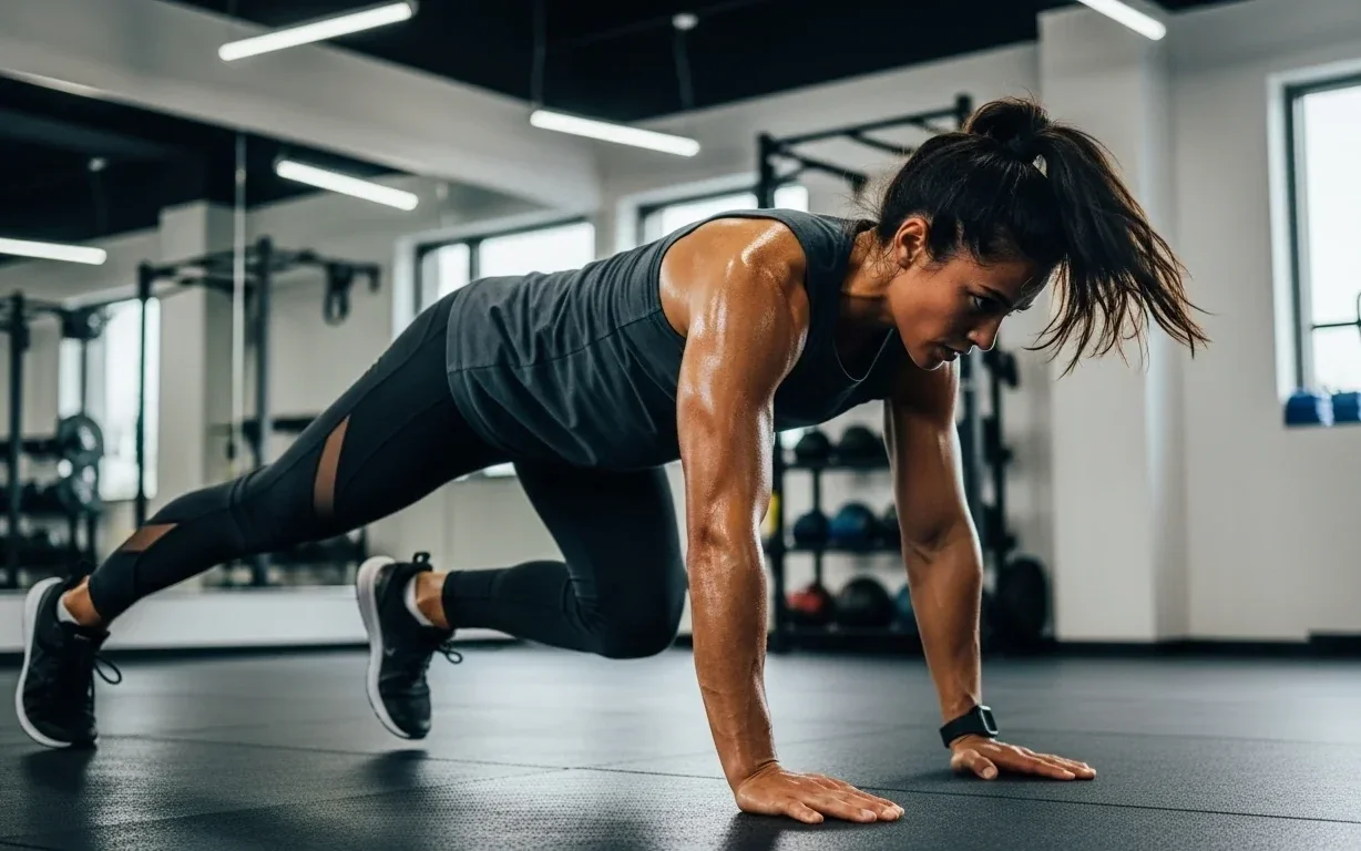Athlete holding a plank-to-mountain-climber position during a full-body training session