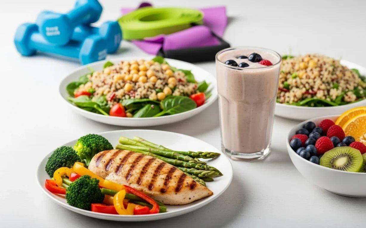 Post-workout meal of grilled chicken, grain salad, fruit and a protein shake beside dumbbells