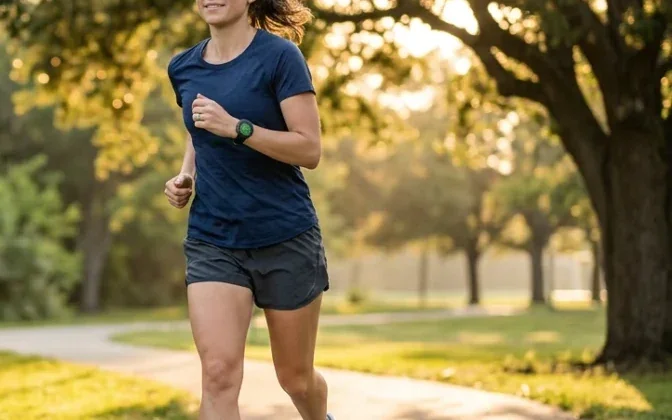 Runner holding an easy aerobic Zone 2 pace on a shaded park path