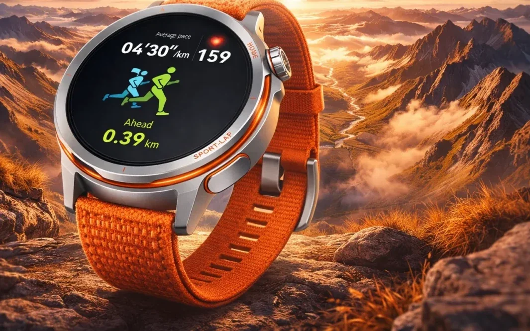GPS running watch displaying real-time running pace and split times during an evening run