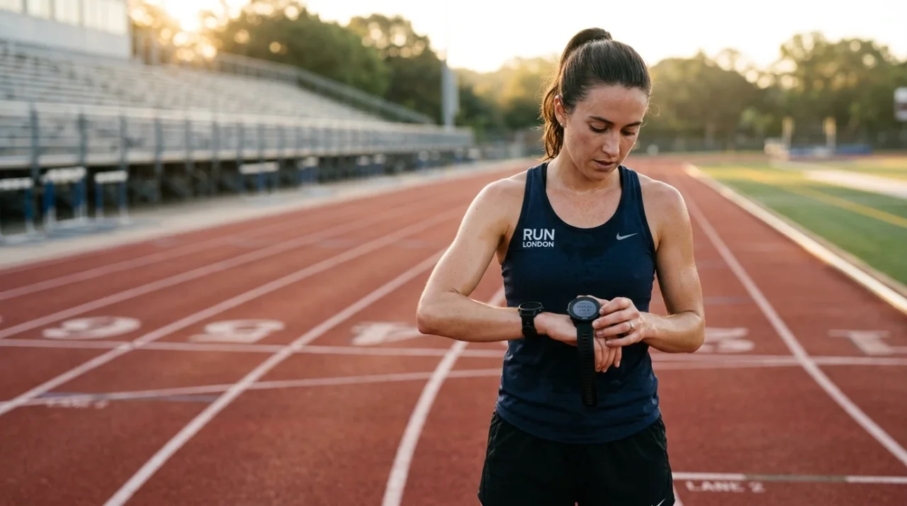 Runner checking GPS watch during track workout