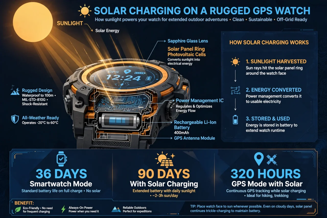 Infographic explaining solar charging on a rugged GPS watch: 36 days smartwatch, 90 days with solar, 320 hours GPS