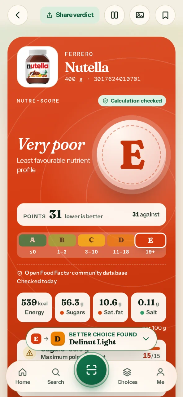 FoodScan showing Nutella's Nutri-Score E with 31 points and the sugar and saturated fat behind it