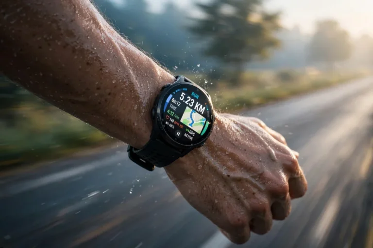 Runner wearing AMOLED GPS running watch at dawn
