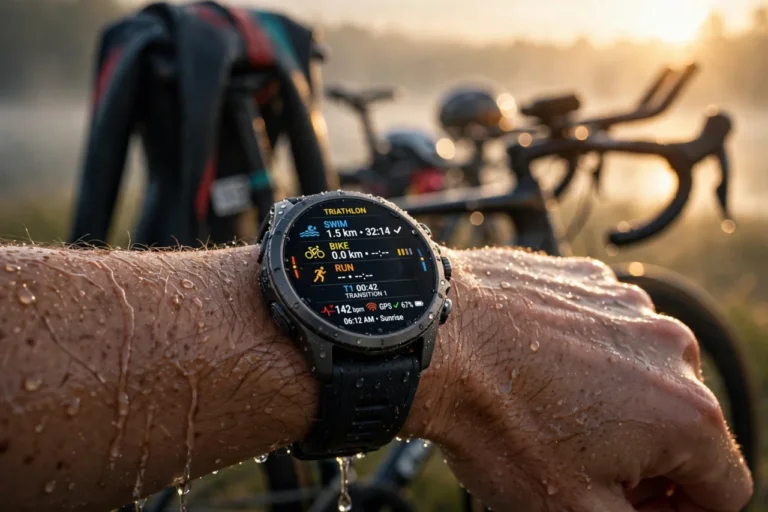 Triathlete wearing multisport GPS watch at sunrise transition