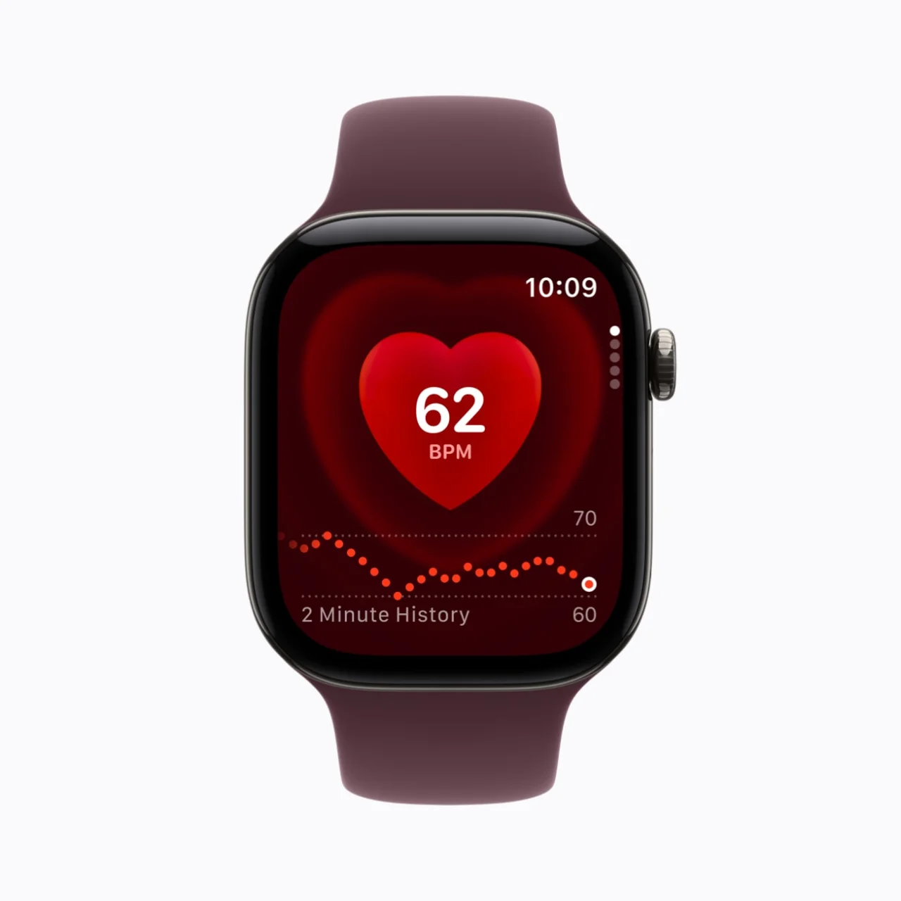 Apple Watch Series 12 heart-rate app showing live BPM and history
