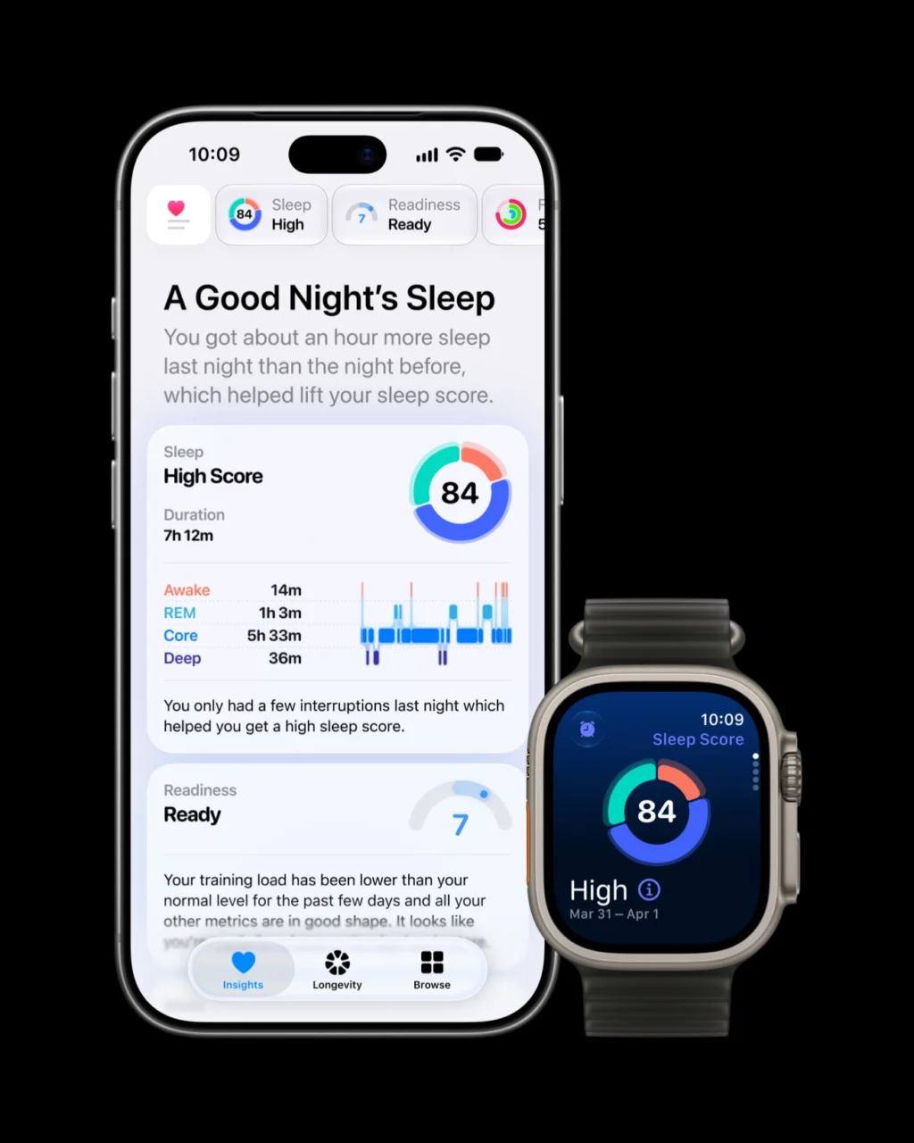 iPhone showing the redesigned Health app with Insights and Sleep Score next to the Apple Watch Ultra 4