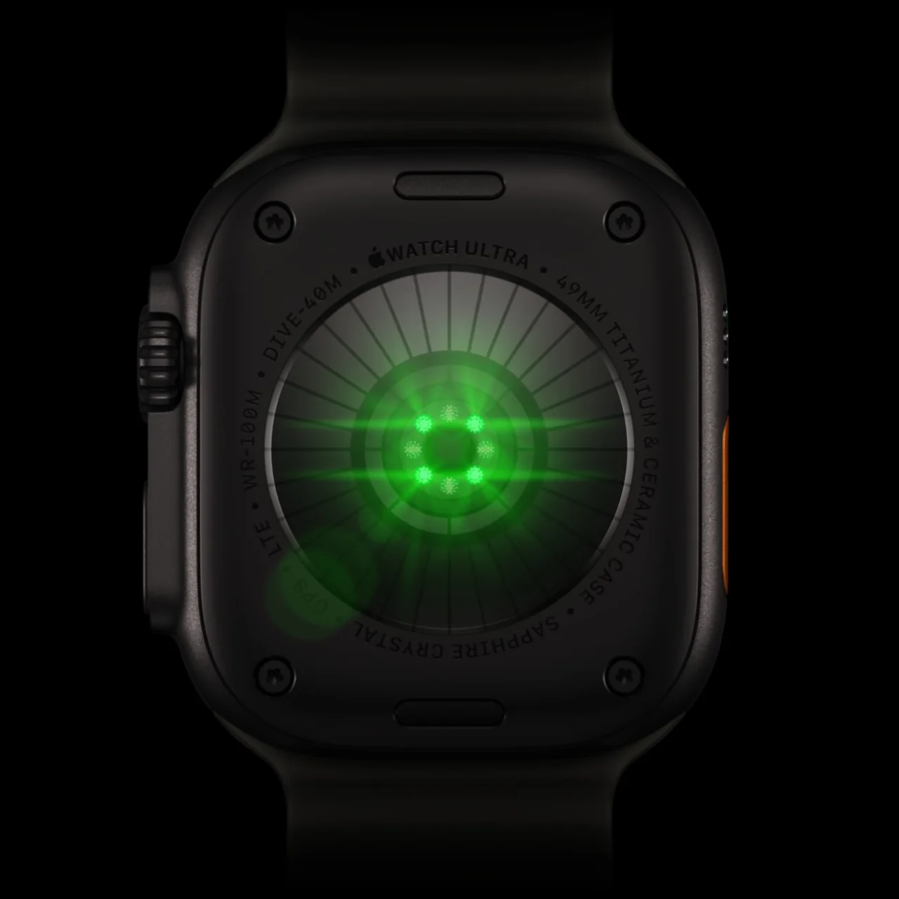 Close-up of the Apple Watch Ultra 4 Health Sensing System heart-rate sensor array
